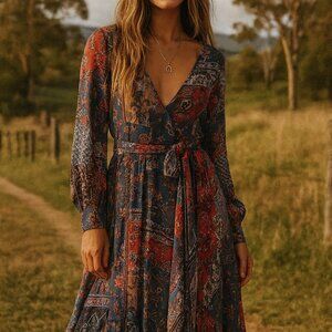 Indigo Rose Women’s Black Floral Patchwork Maxi Dress Boho Chic Size L